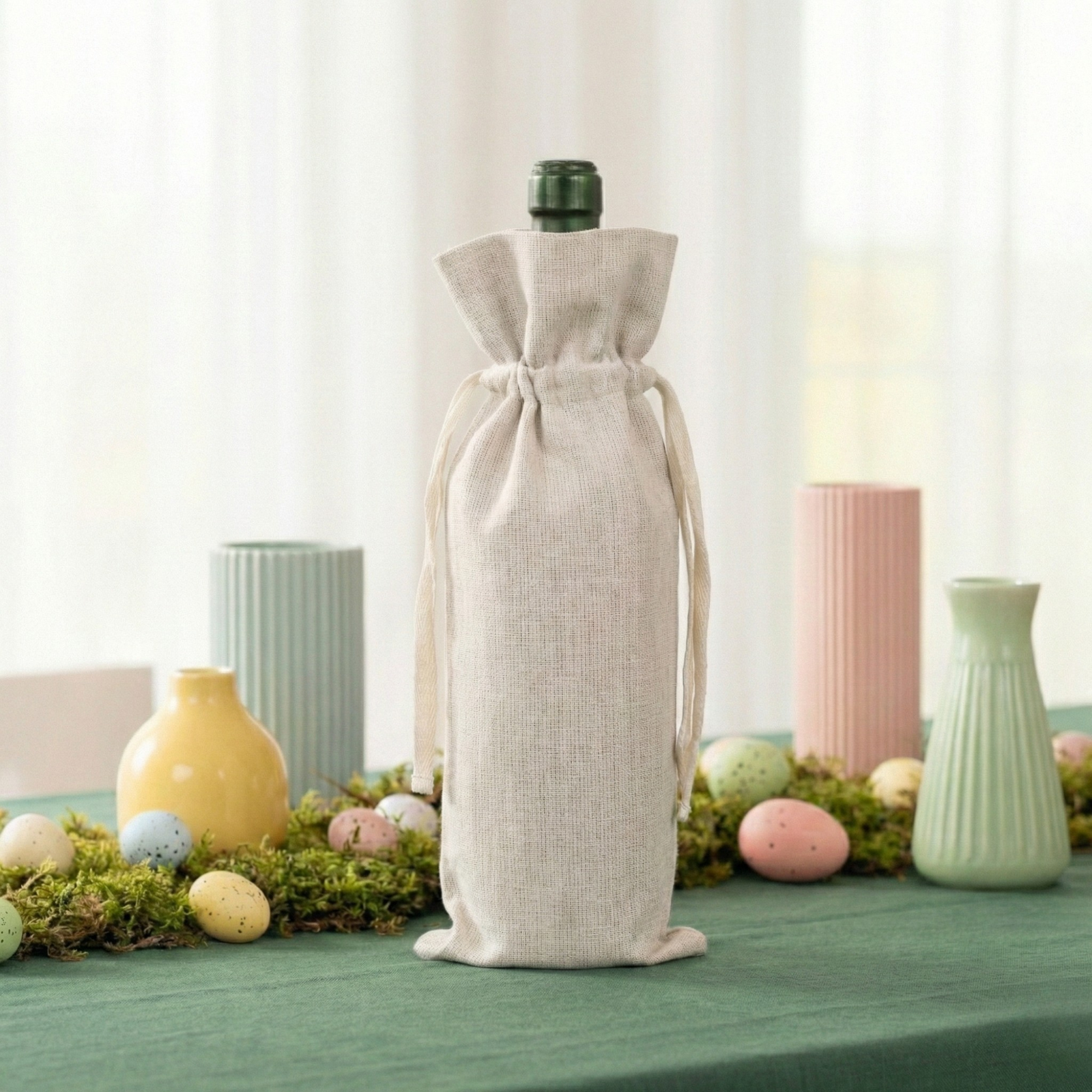 Three linen wine bottle gift bags in red, green, and natural tones displayed on a spring table with flowers, candles, and pastel décor.