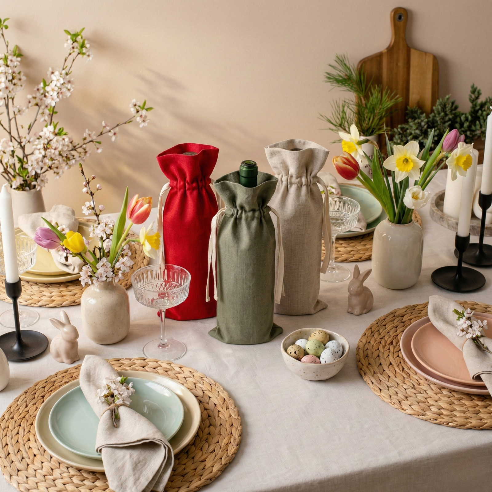 Three linen wine bottle gift bags in red, green, and natural tones displayed on a spring table with flowers, candles, and pastel décor.