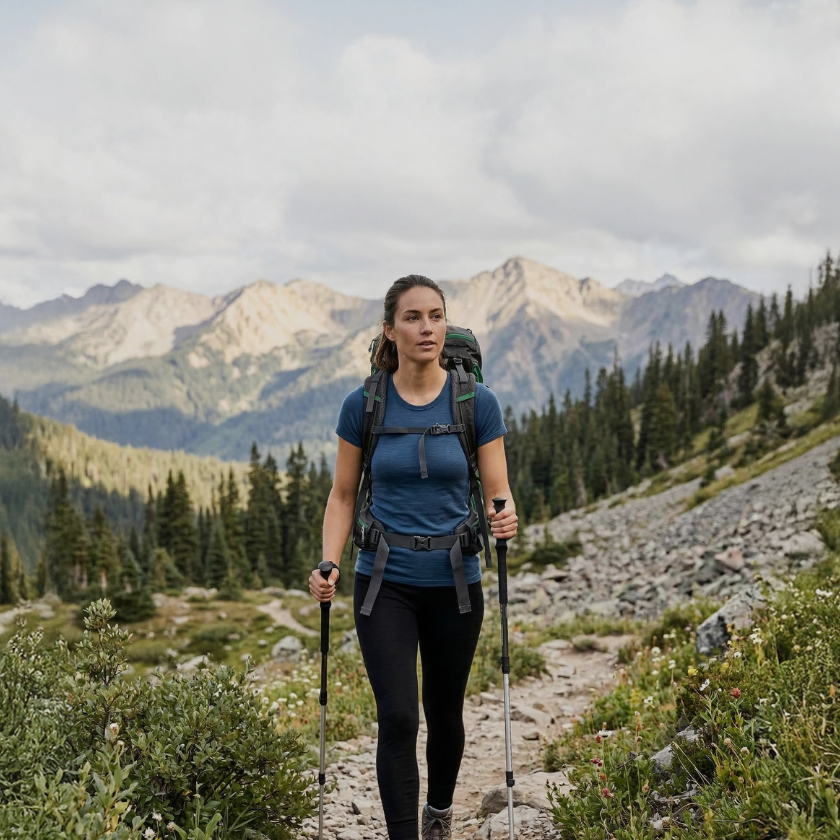 Woman hiking in the mountains wearing breathable merino wool base layer, lightweight moisture-wicking clothing for outdoor adventures and trekking.