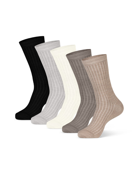 Women's Merino Rib Crew Socks in all 5 available colors, including black, light gray, natural, and beige.