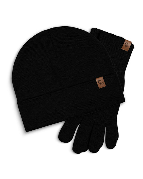 Black beanie and gloves set with a brand logo on a white background