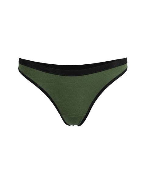 The Menique Women&#39;s Merino Thong Briefs in dark green color, front view.