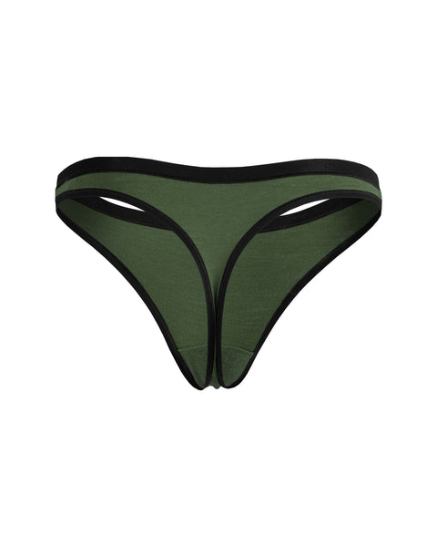 The Menique Women&#39;s Merino Thong Briefs in dark green color, back view.