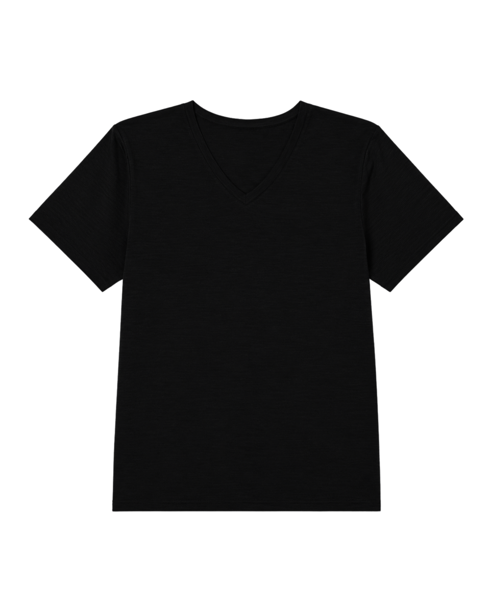 A flat-lay product shot of a women's regular fit, short-sleeved v-neck t-shirt in solid black, displayed against a pure white background.