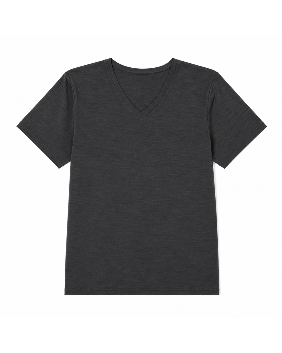 A flat-lay product shot of a women's regular fit, short-sleeved v-neck t-shirt in a charcoal grey color, displayed against a pure white background. The fabric has a subtle heathered texture.