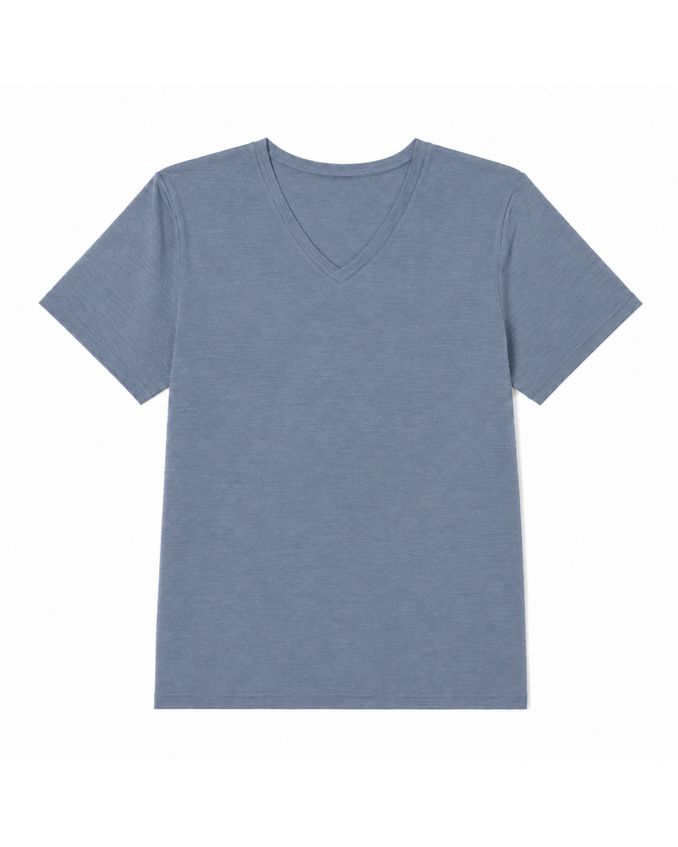 A flat-lay product shot of a women's regular fit, short-sleeved v-neck t-shirt in a dusty blue color, displayed against a pure white background. The fabric has a subtle heathered texture.