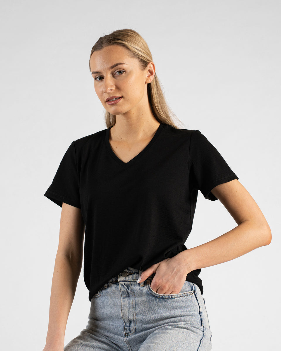 A studio portrait of a blonde woman looking directly at the camera. She is wearing a black short-sleeved V-neck t-shirt and light wash denim jeans, with one hand resting in her front pocket against a plain light grey background.