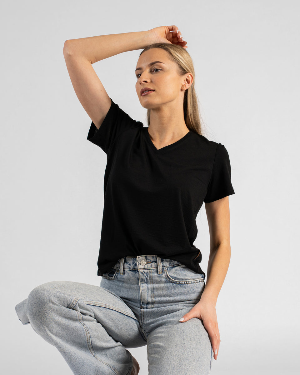 A studio portrait of a blonde woman in a crouching pose, looking off to her right. She is wearing a black short-sleeved V-neck t-shirt and light wash denim jeans, with one hand resting gently on her head and the other on her thigh against a plain light grey background.