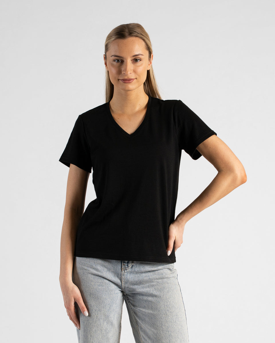 A studio portrait of a blonde woman standing and looking directly at the camera with a subtle smile. She is wearing a black short-sleeved V-neck t-shirt and light wash denim jeans, with one hand resting on her hip against a plain light grey background.