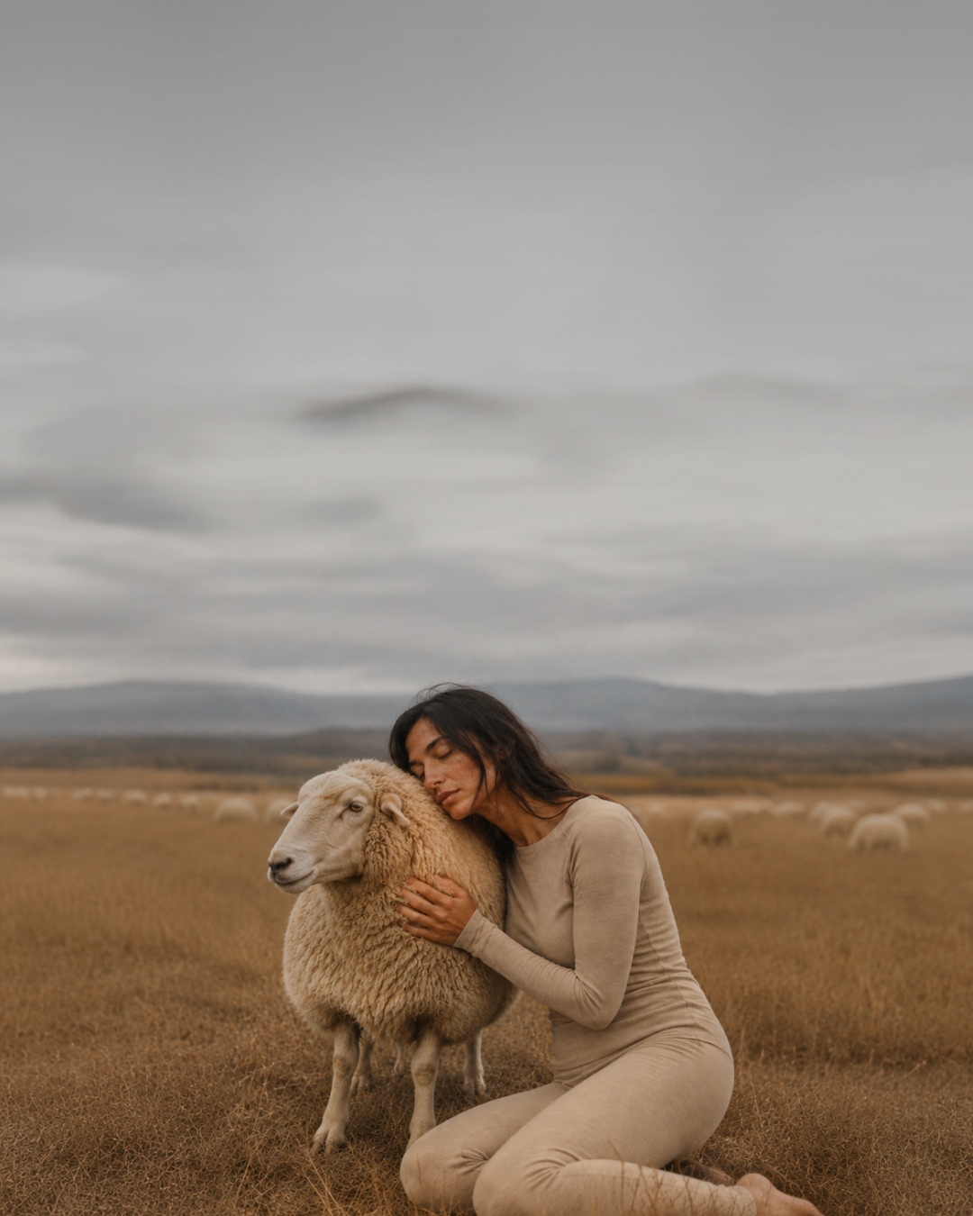 A woman in a beige base layer set kneeling in a field of dry grass, resting her head affectionately on a sheep with a flock grazing in the distant background under an overcast sky.