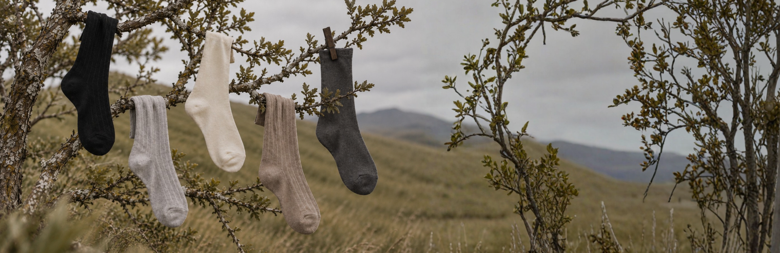 Five knitted socks in shades of black, light grey, cream, tan, and dark grey hang from the leafy branches of a small, rustic tree. A cloudy sky and rolling hills are softly blurred in the background.