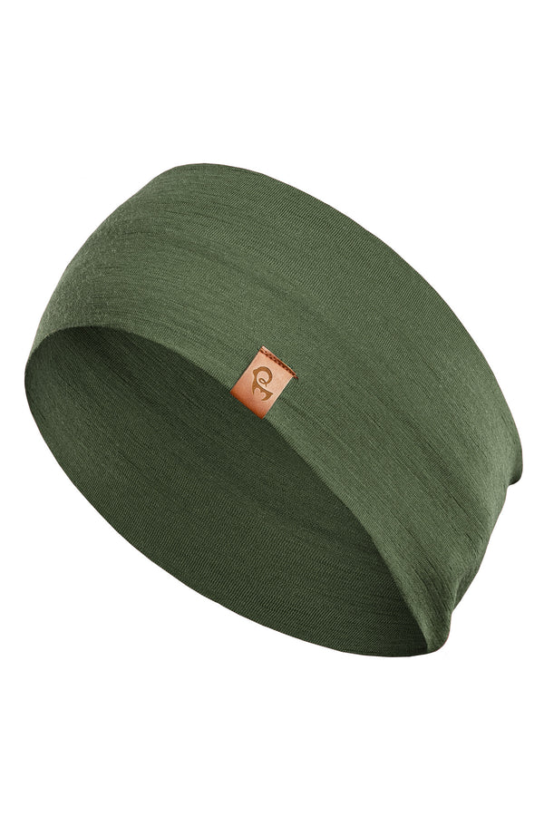 The picture features a unisex dark green menique merino headband in a white background. It has a small brown menique logo on the side at the front.