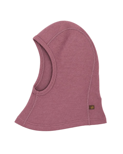 A dusty rose heathered balaclava hood with a small brown and yellow logo patch on the lower right side, shown against a plain white background.