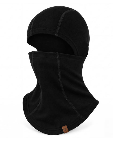 A product shot of a black balaclava-style face cover, designed to completely cover the head, lower face, and neck, leaving an opening only for the eyes, and featuring visible seam stitching and a small brown logo tag at the bottom edge.
