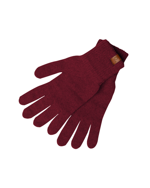 A pair of royal cherry knit gloves are displayed on a white background. The gloves are shown laid flat, one slightly overlapping the other. They feature ribbed cuffs and a small brown tag is visible on the wrist of the glove on top.