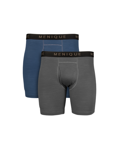 The menique men&#39;s boxer briefs in colors perfect grey and denim, white background.
