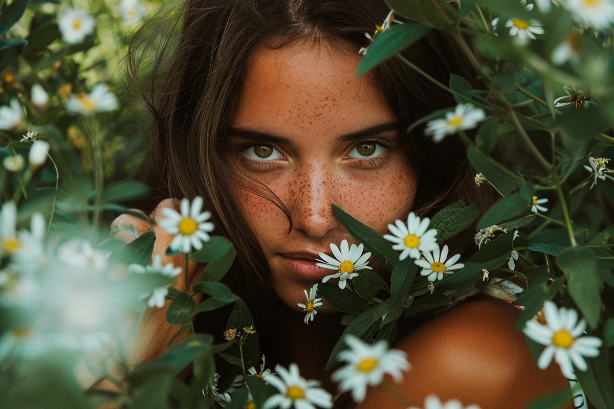 A moody, close-up portrait of a woman with sun-kissed skin peeking through a dense cluster of dark green leaves and small white wildflowers. She looks directly at the camera with a striking, ethereal gaze.