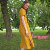 MENIQUE Linen obi-belt wrap style dress with short sleeves, side split, midi length and beautiful Spicy Yellow color.