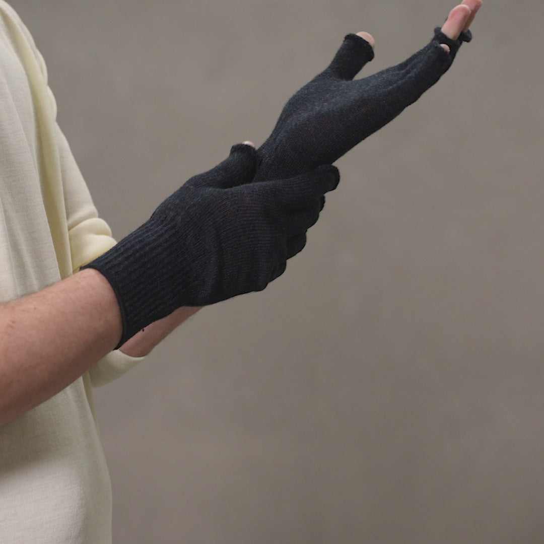 Video of men showing dark gray fingerless gloves