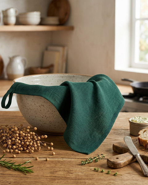A rich, dark forest green linen kitchen towel draped casually over the edge of a large, speckled ceramic bowl on a wooden countertop. A small hanging loop is visible on one corner of the towel. Around the bowl are a bundle of dried flax, sprigs of fresh rosemary and thyme, a small pot of butter, and slices of crusty bread on a wooden board.