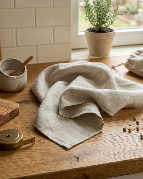 A light beige, natural-colored linen kitchen towel casually draped on a wooden countertop. Next to it are a small ceramic pot with coarse salt and a wooden spoon, a wooden cutting board, a vintage brass measuring tape, and scattered dried flax pods. A white tiled backsplash and a potted rosemary plant are visible by the window in the background.