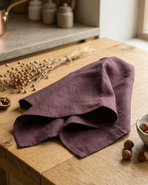 A deep plum or dark purple linen kitchen towel, softly folded and draped on a wooden table. It is surrounded by natural elements, including a small ceramic bowl filled with hazelnuts, scattered whole and halved walnuts, and a bundle of dried flax pods. A copper pot is partially visible in the blurred background.