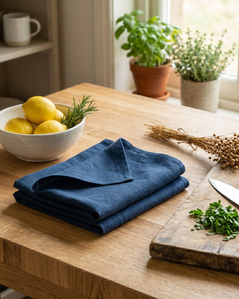 A deep, stormy blue linen kitchen towel, neatly folded in a square shape, resting on a light wooden table. Nearby is a rustic wooden cutting board with a knife and chopped fresh parsley, a small bundle of dried flax, and a bowl of bright yellow lemons. Small potted herbs sit on the windowsill in the brightly lit background.