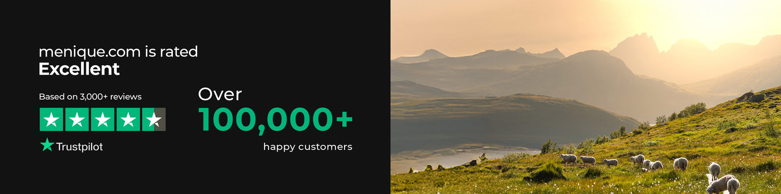 Scenic landscape with mountains and sheep, alongside a Trustpilot rating graphic on menique.com.