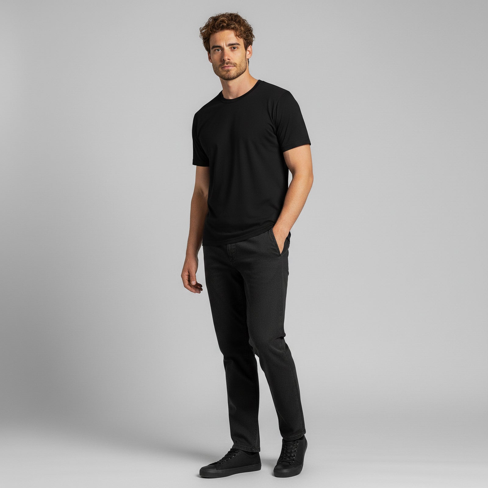 Man wearing regular fit t-shirt from 100% Merino wool in black color
