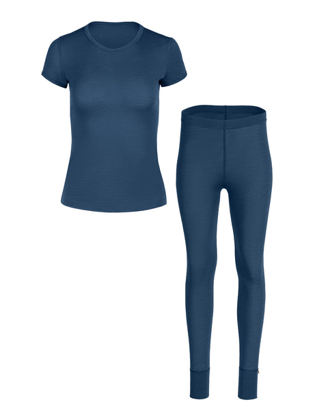 Packshot of women&#39;s merino wool short sleeve and leggings set