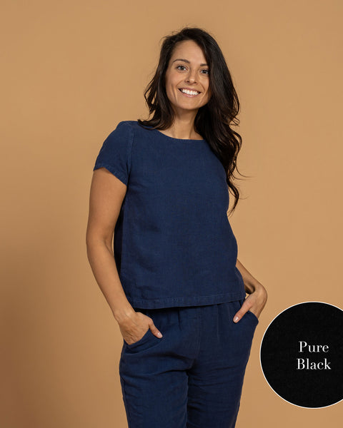 Linen T-Shirt Top &amp; Pants 2-Piece Pure Black