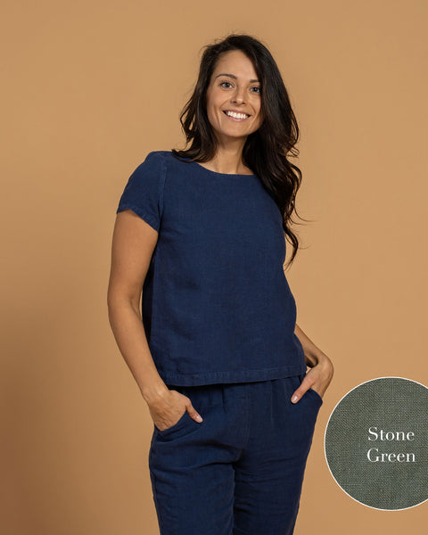 Linen T-Shirt Top &amp; Pants 2-Piece Stone Green