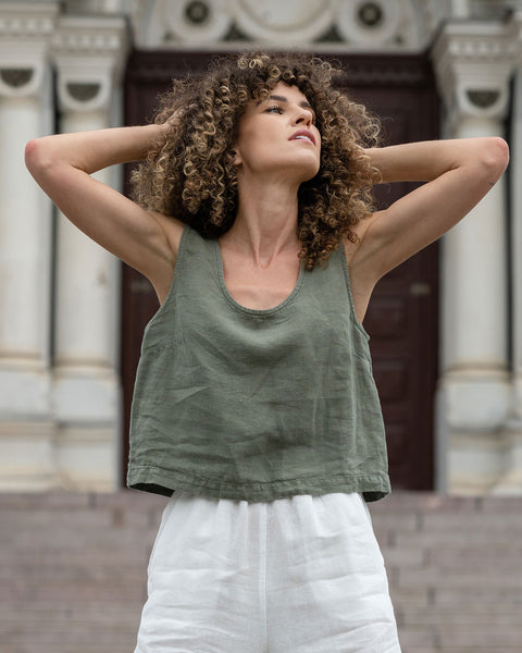 Linen Sleeveless Crop Top Ana Stone Green