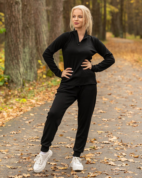 Women&#39;s Merino 250 Set of Zip Neck Top &amp; Jogger Sweatpants Black
